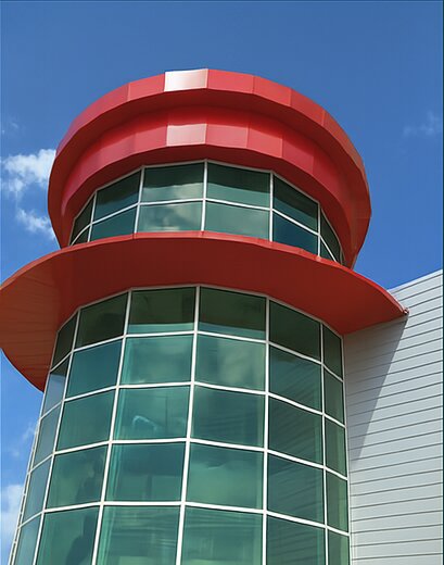 Curved glass architectural steel tower built by BMD Steel Solutions